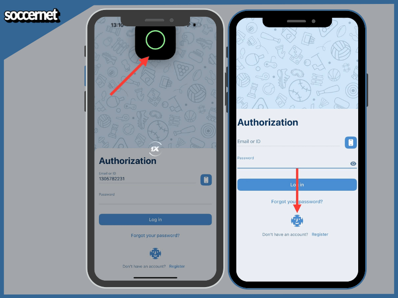 1xBet app login screen showing biometric authentication and authorization page with email, password, and log in button