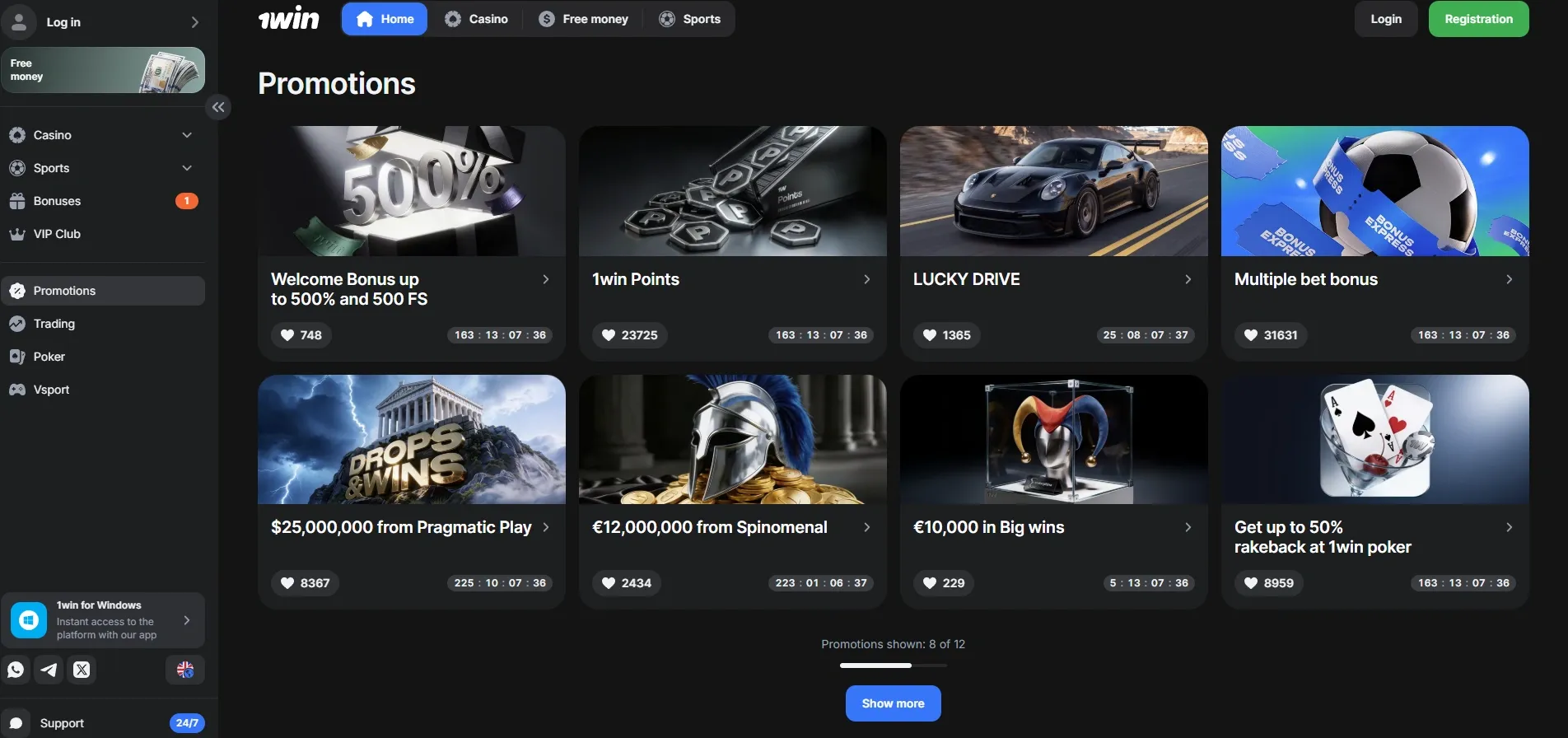 1win promotion page with bonuses for regular users.