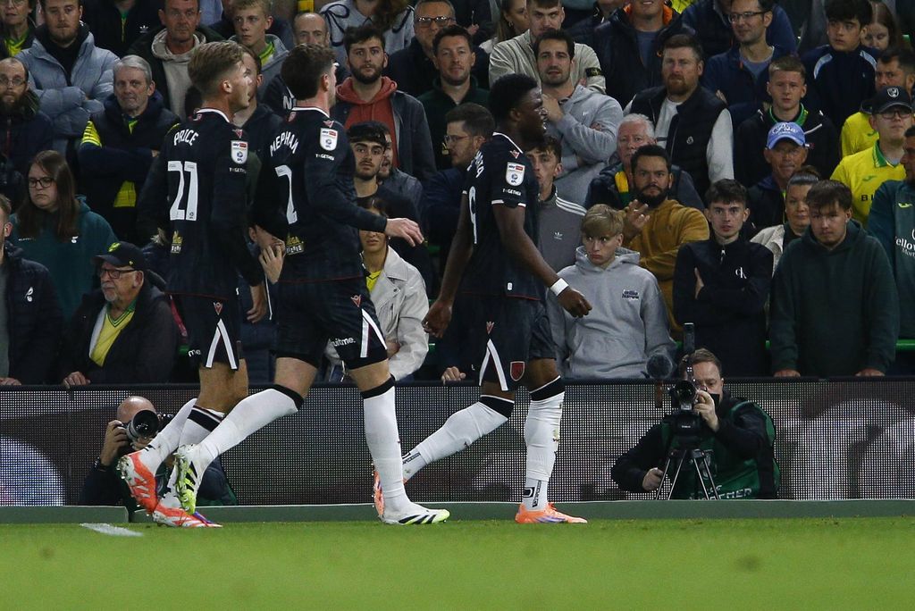 Josh Maja celebrates scoring his sides 1st goal during the Sky Bet Championship match at Carrow Road, Norwich UK
