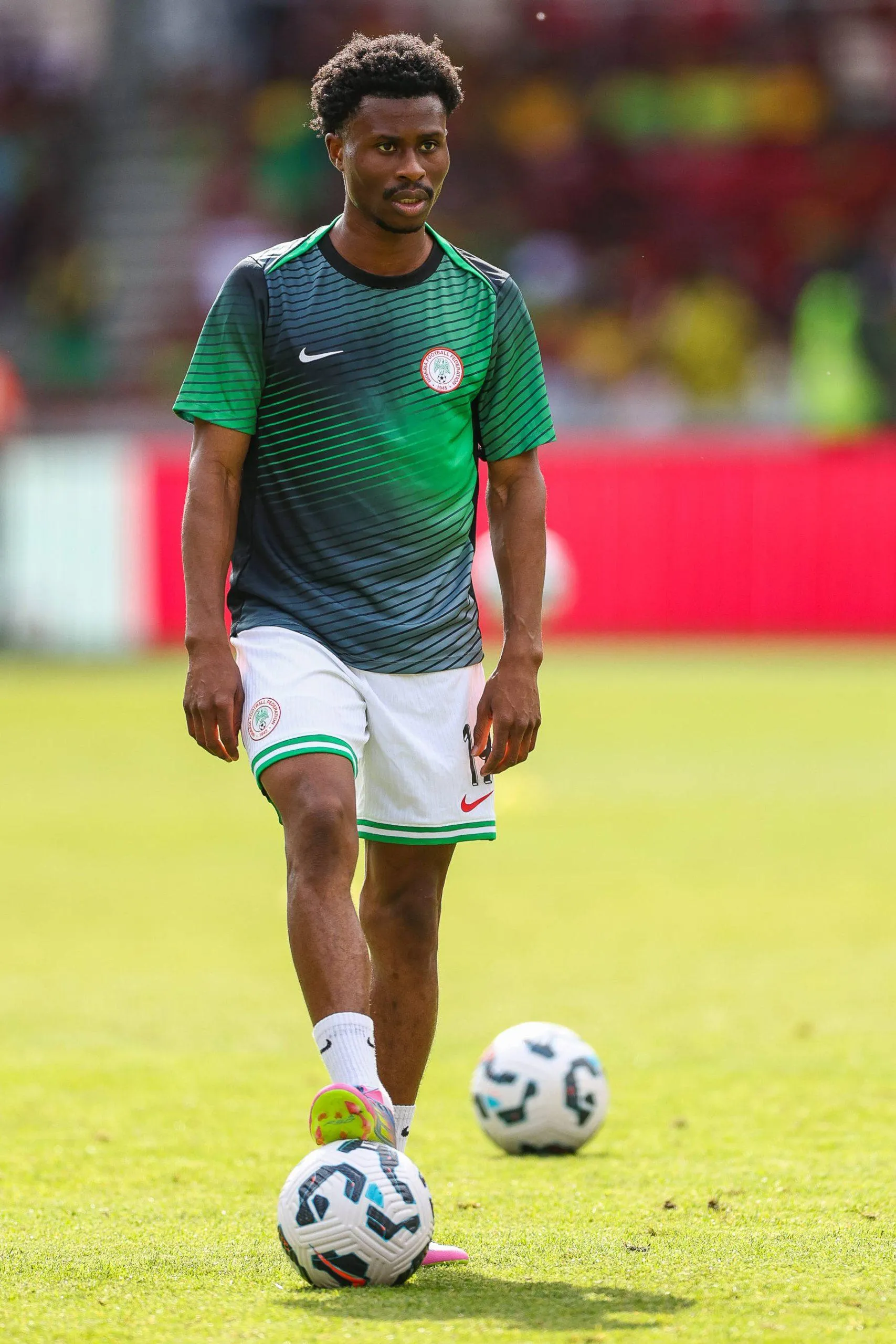  Nigeria forward Nathan Tella 19 warms up prior to the Unity Cup Final, London 2025 match between Jamaica and Nigeria at Gtech Community Stadium, Brentford