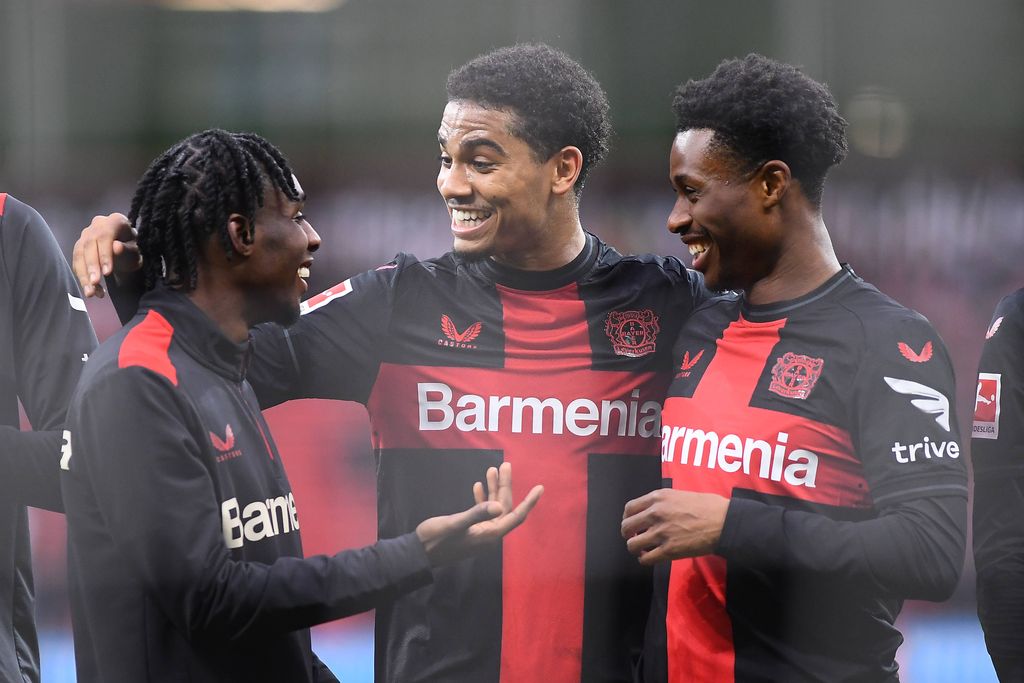 Jeremie Frimpong, Amine Adli, Nathan Tella, The Bundesliga match FC Bayer 04 Leverkusen vs TSG Hoffenheim at BayArena