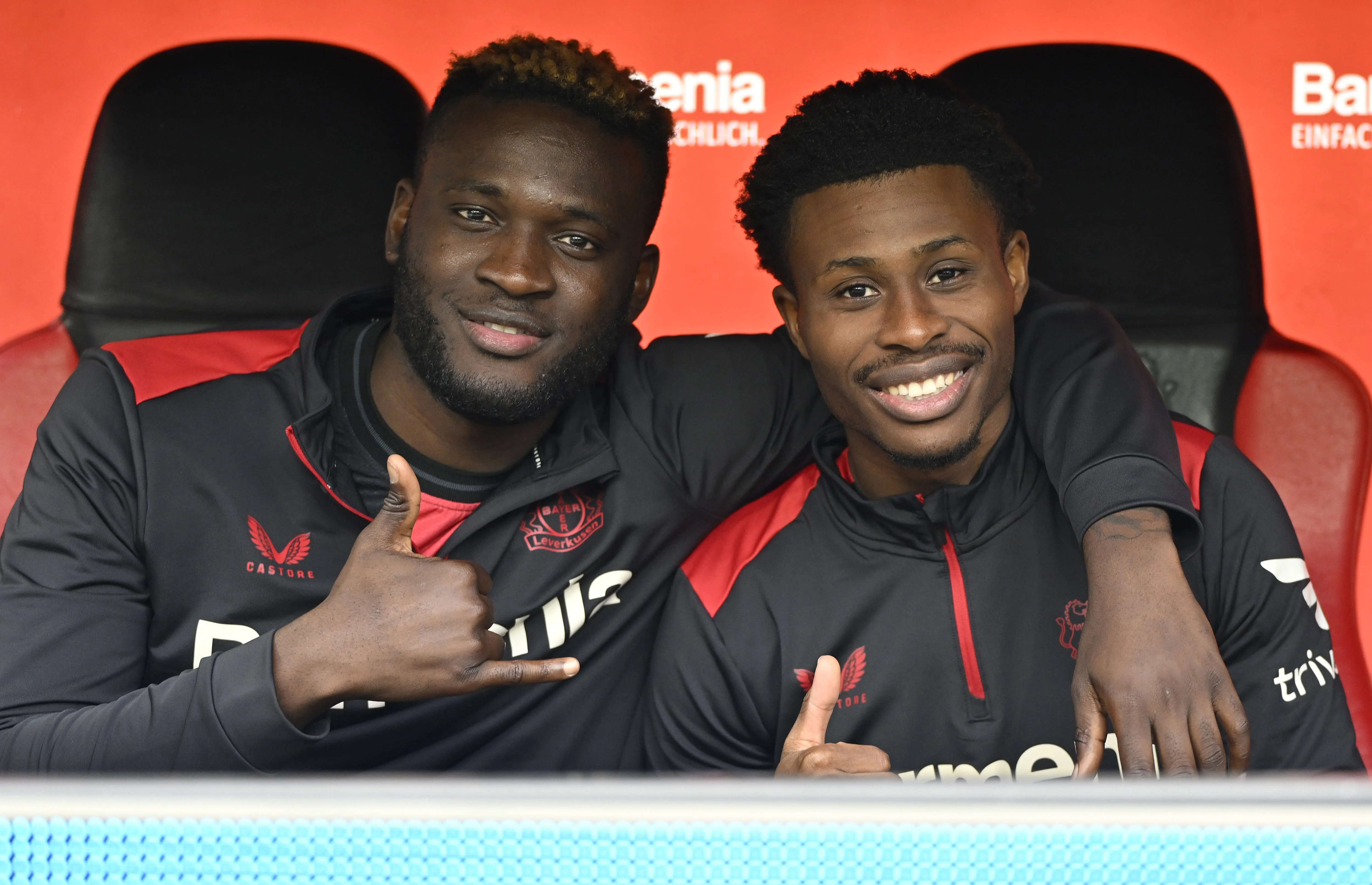 Victor Boniface and Nathan Tella of Bayer Leverkusen