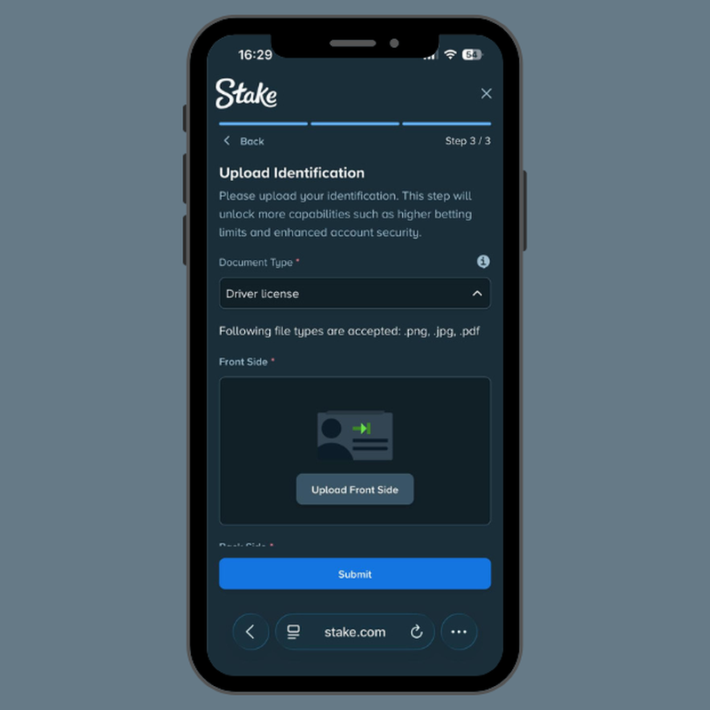 Stake verification page showing the third step where users upload ID documents and submit for review.