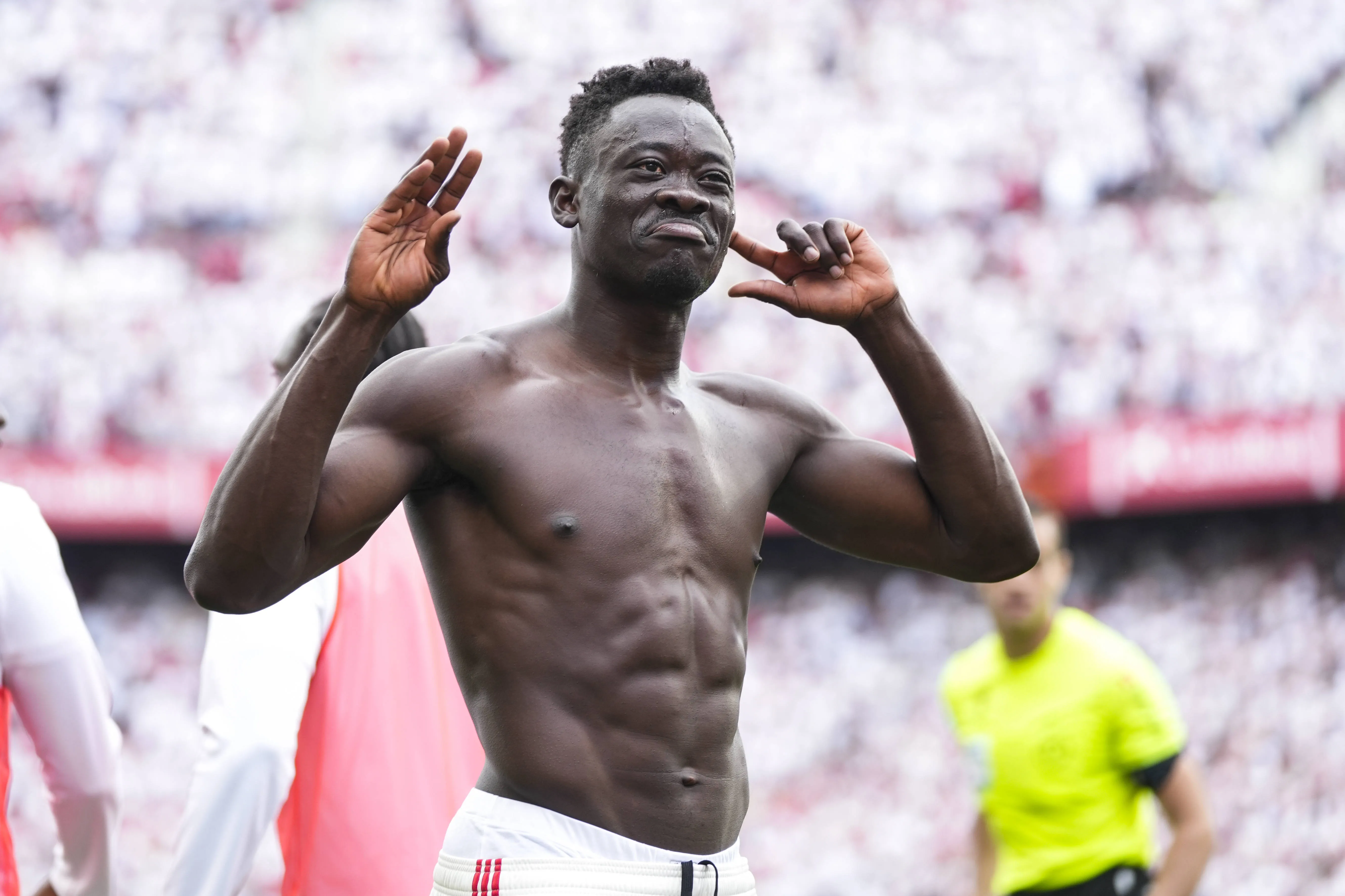 Akor Adams celebrates a goal during the Spanish league match between Sevilla and Espanyol at Ramon Sanchez-Pizjuan stadium