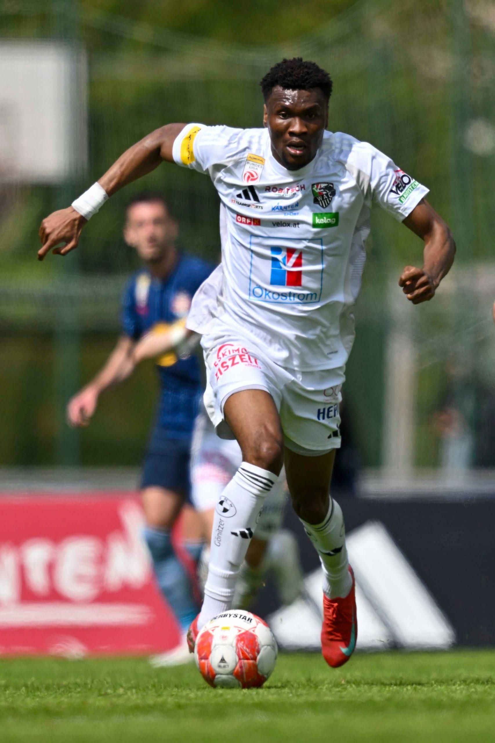 WAC vs RBS WOLFSBERG,AUSTRIA,27.APR.25 - SOCCER - ADMIRAL Bundesliga, championship group, Wolfsberger AC vs Red Bull Salzburg. Image shows Chibuike Nwaiwu WAC