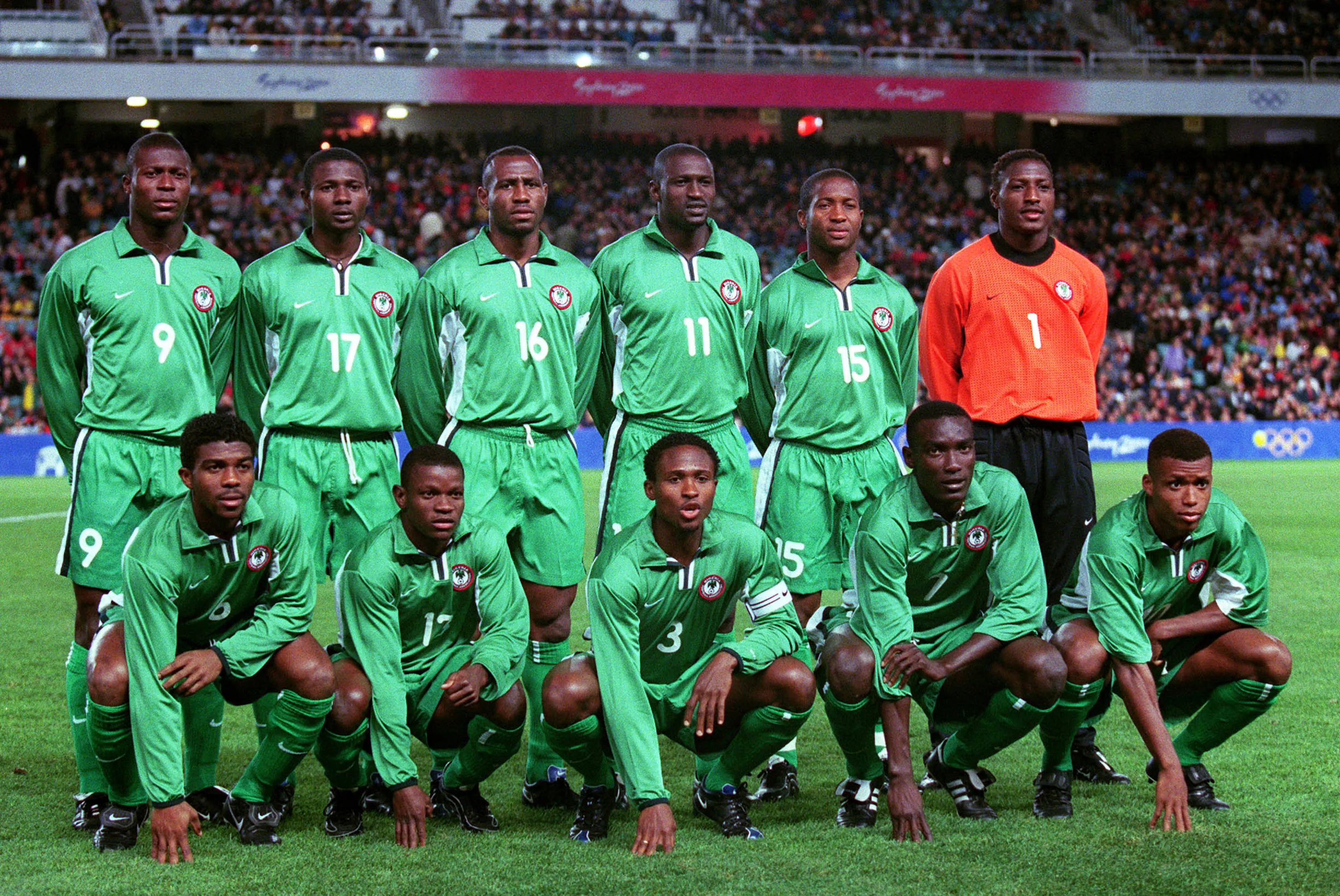 Yakubu Ayegbeni, Julius Aghahowa, Isaac Okoronkwo, Garba Lawal, Godwin Okpara, Greg Etafia, fr Christopher Kanu, Azubuike Oliseh, Celestine Babayaro, Victor Agali, Pius Ikedia before the Sydney Olympic Games Group A match between Australia and Nigeria at Stadium Australia