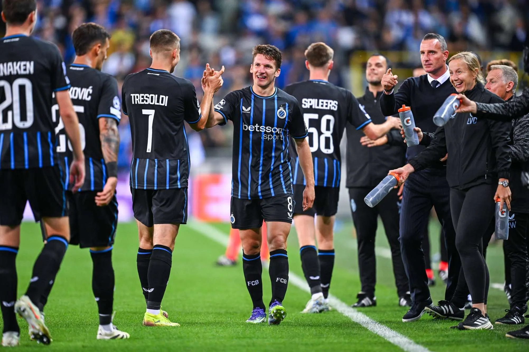 Club Brugge players celebrating goal against Rangers