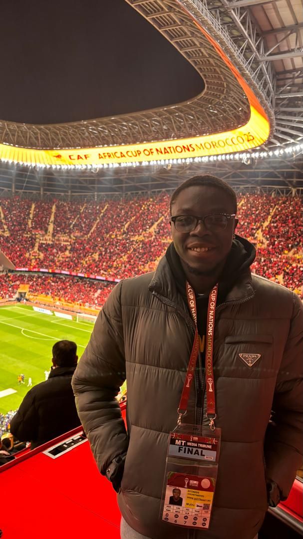 Ayomide Oguntimehin at the Prince Moulay Abdellah Stadium before 2025 AFCON final kickoff.