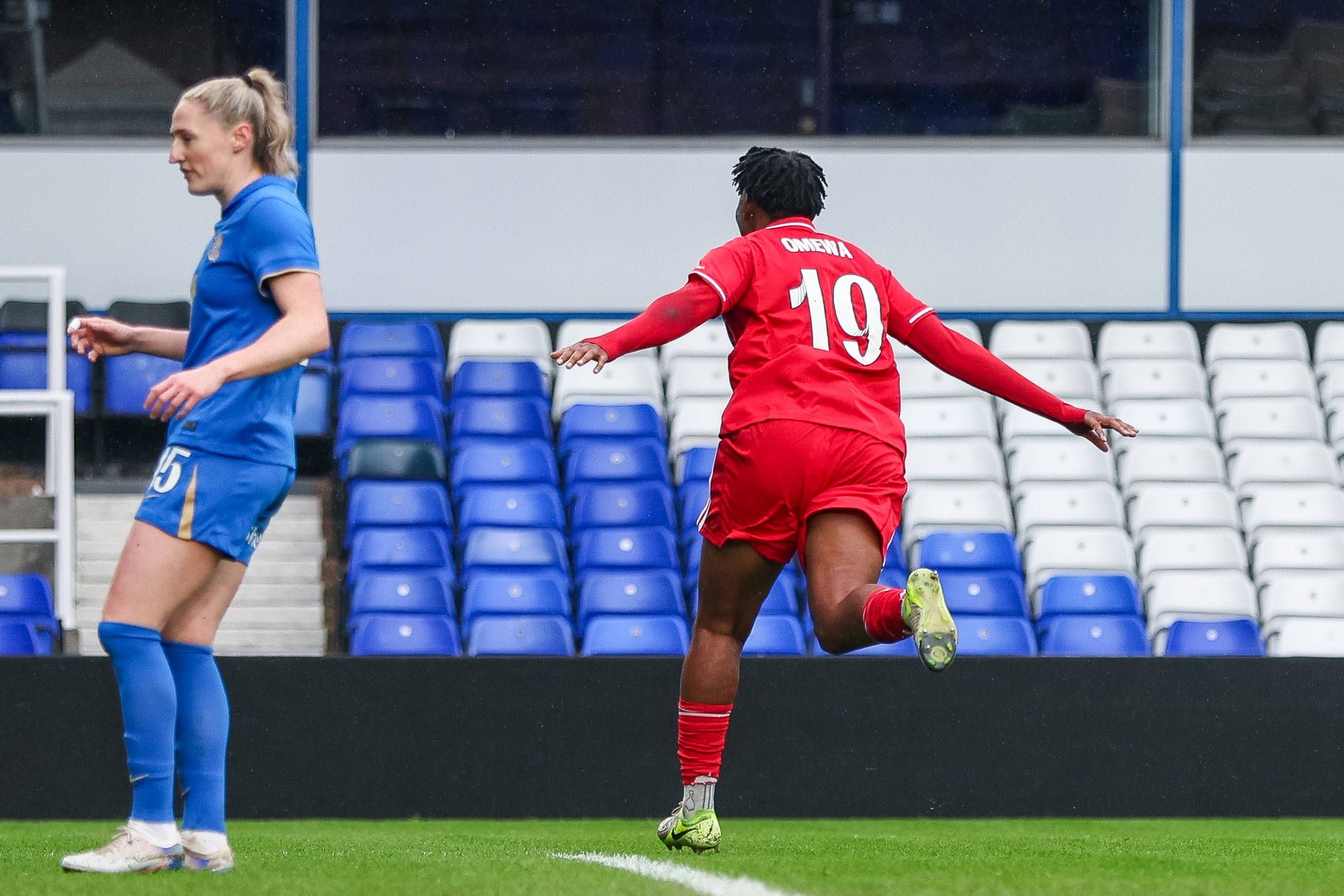Super Falcons striker Joy Omewa (19) celebrates scoring for Nottingham Forest 