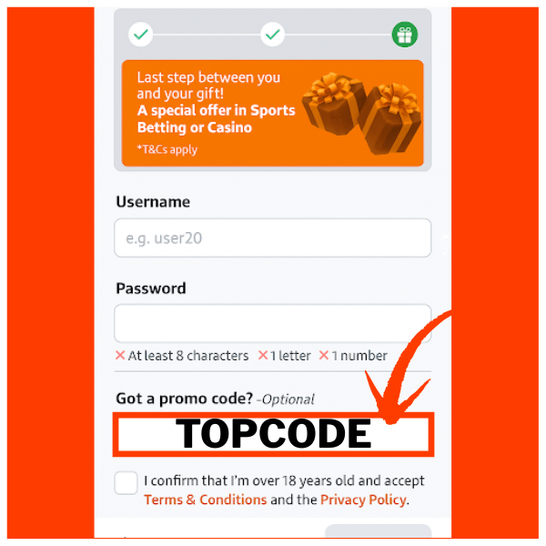 Betano promo code TOPCODE is inserted during registration