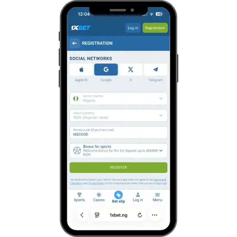 1xBet registration with Google as a social network and the promo code NGCODE for the bonus for sports.