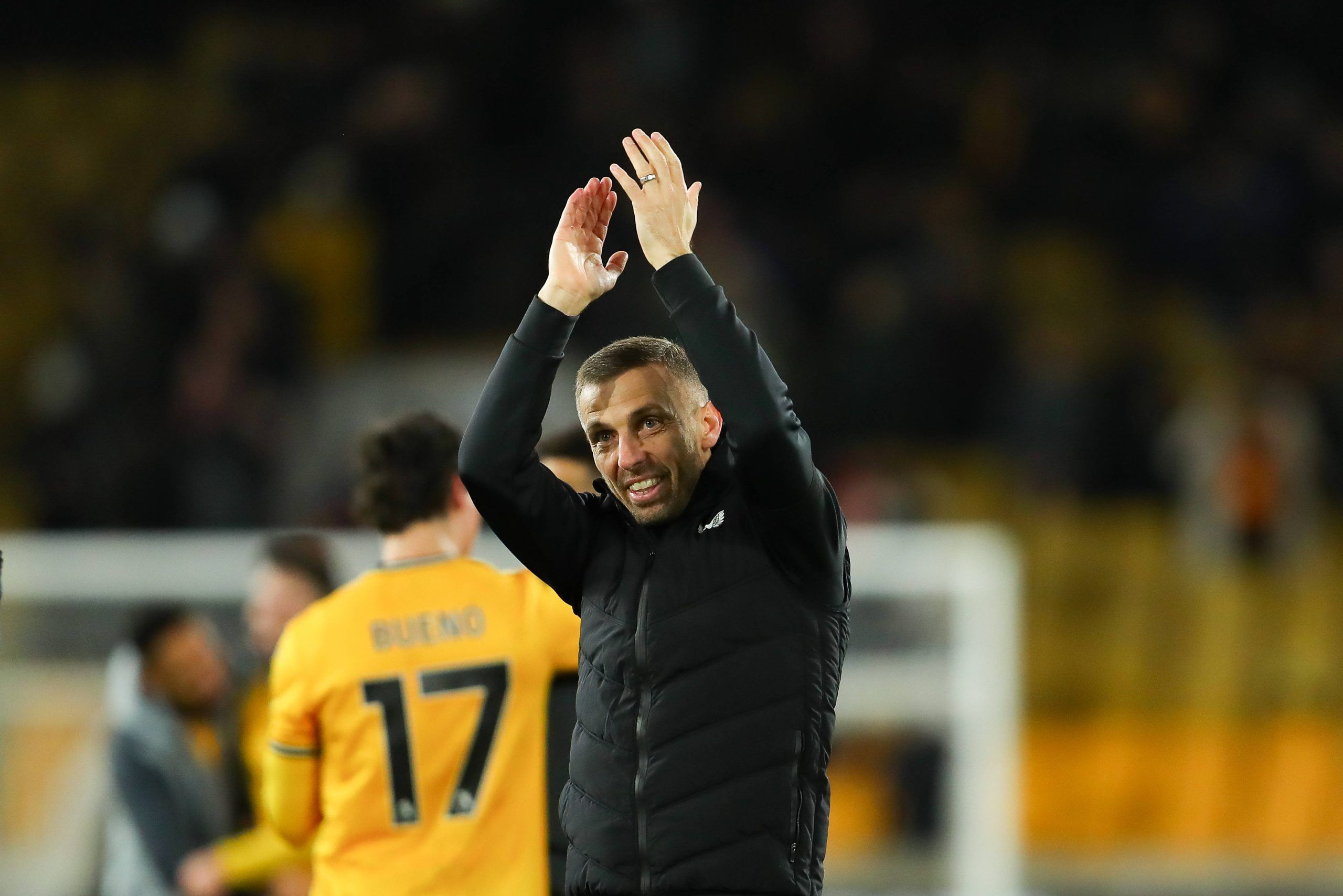 Gary O Neil applauding the fans after the Premier League match between Wolverhampton Wanderers and Everton
