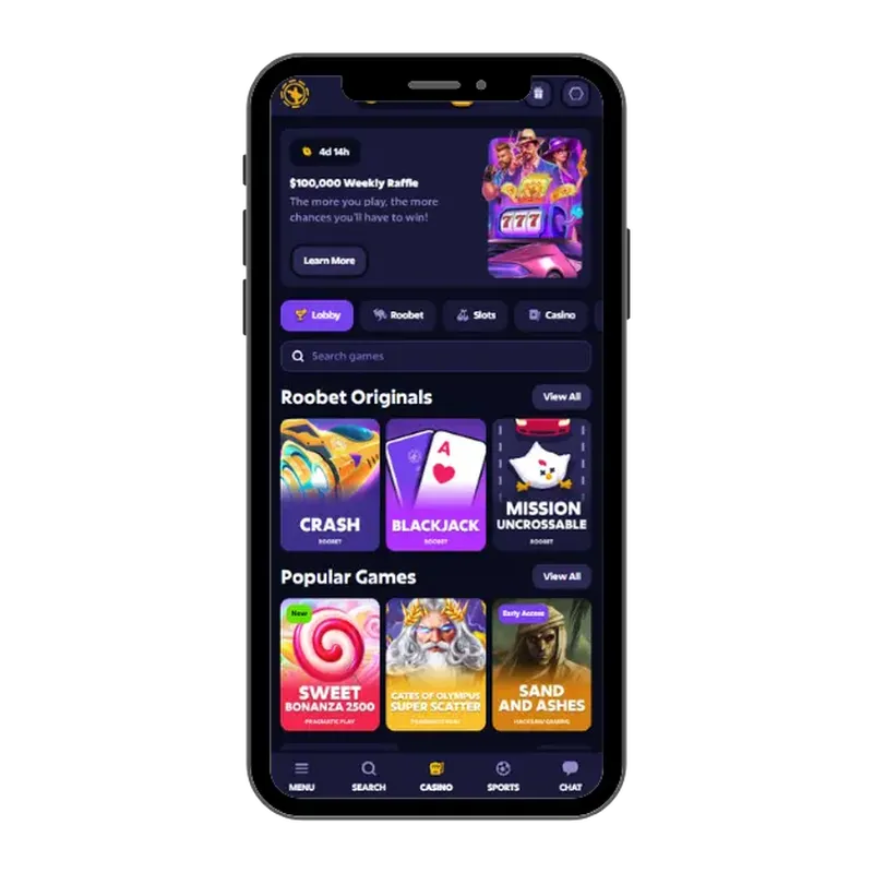 Roobet casino on mobile with bottom menu options, lobby with games and Roobet Originals.