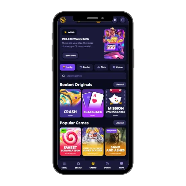 Roobet casino on mobile with bottom menu options, lobby with games and Roobet Originals.