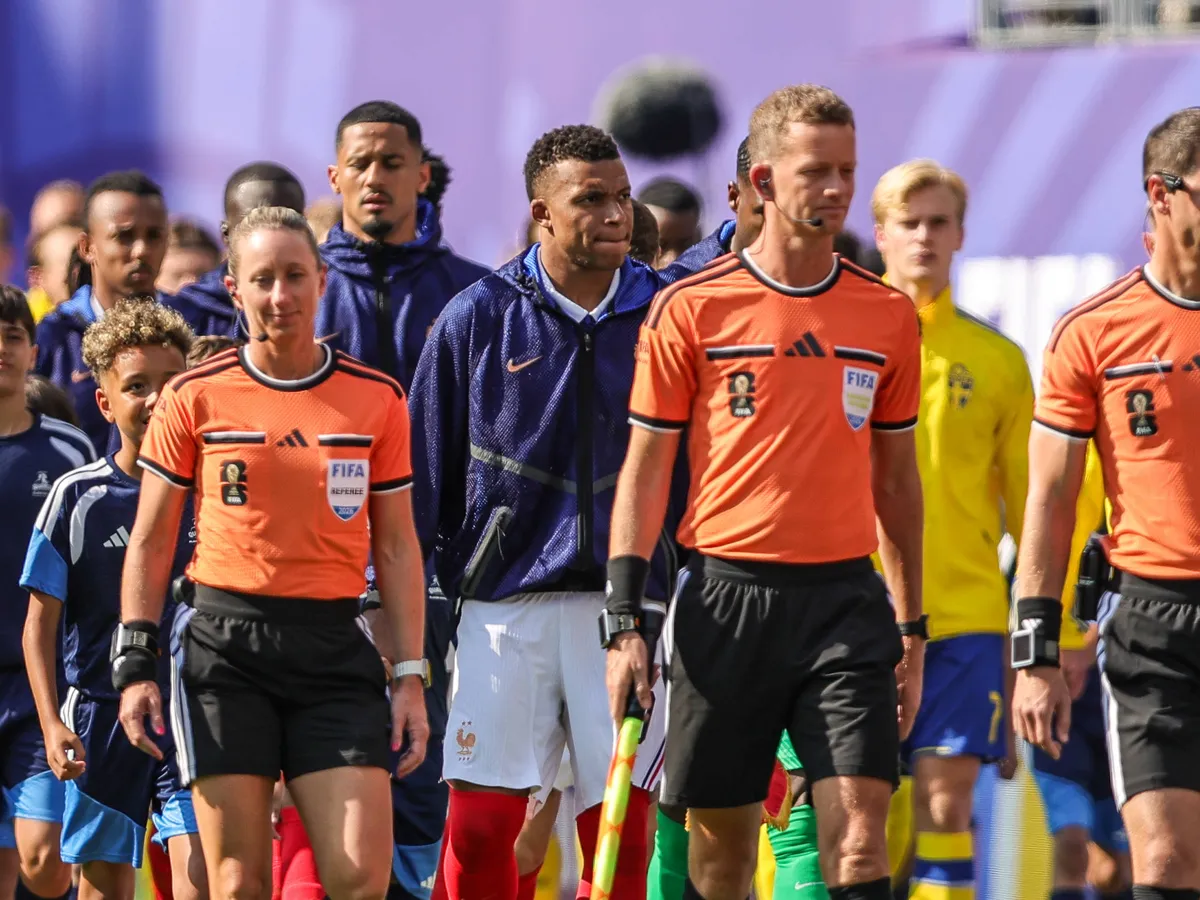 France forward KYLIAN MBAPPE 10 walks out to the pitch prior to the 2026 FIFA World Cup round of 32 match between France and Sweden at MetLife Stadium in East Rutherford.