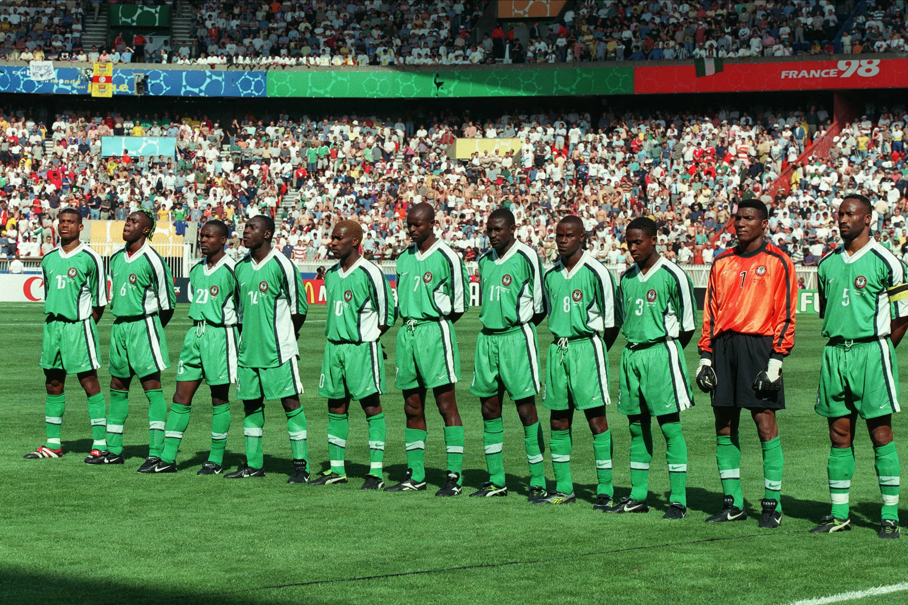  Peter Rufai, Taribo West, Uche Okechukwu, Celestine Babayaro, Mutiu Adepoju, Sunday Oliseh, Finidi George, Garba Lawal, Jay-Jay Okocha, Daniel Amokachi, Victor Ikpebe of Nigeria