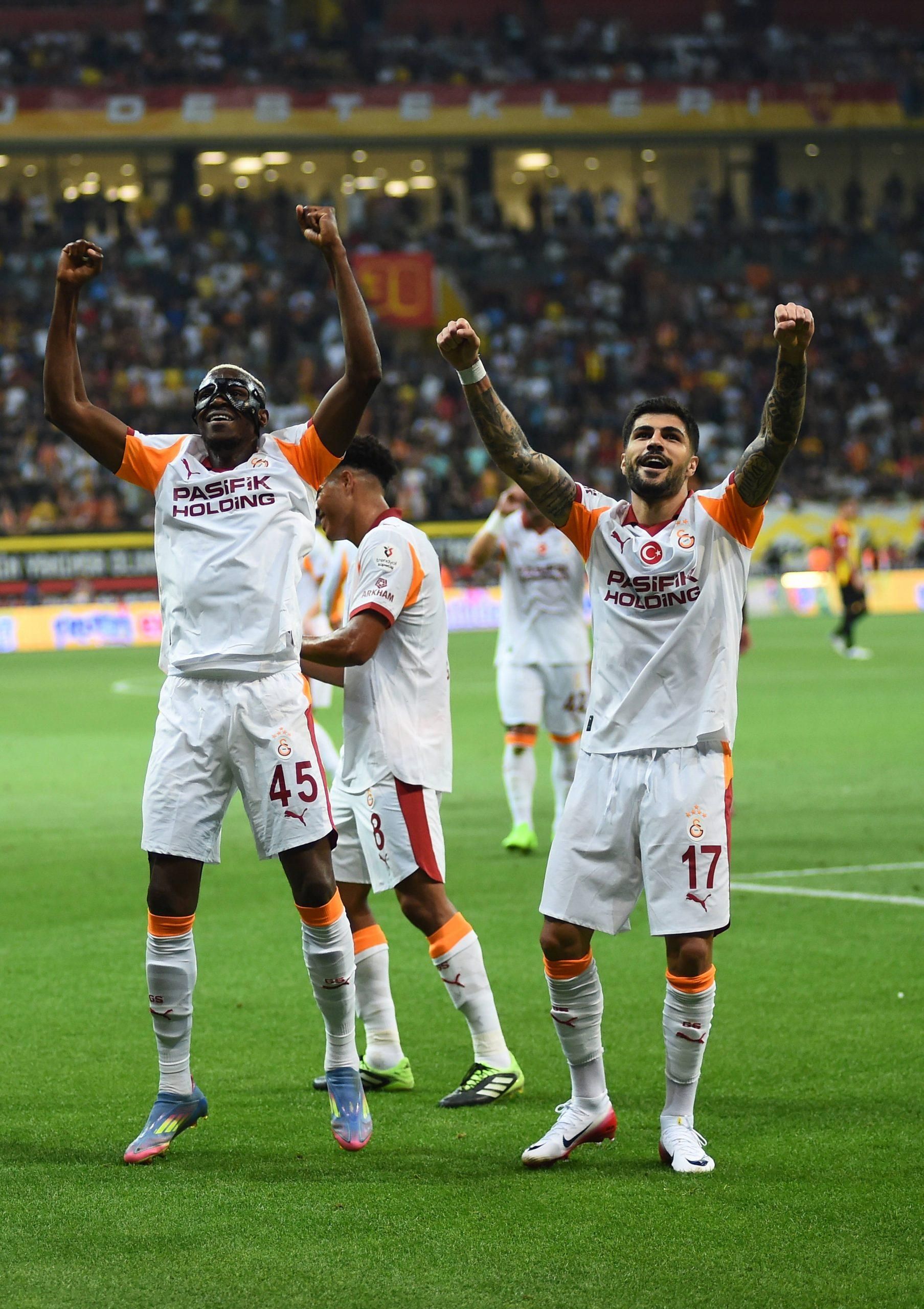 Eren Elmali 17 of Galatasaray celebrates after scoring the first goal of his team with Victor Osimhen 45 during the Trendyol Turkish Super League match between Kayserispor and Galatasaray at RHG Enerturk Enerji Stadium