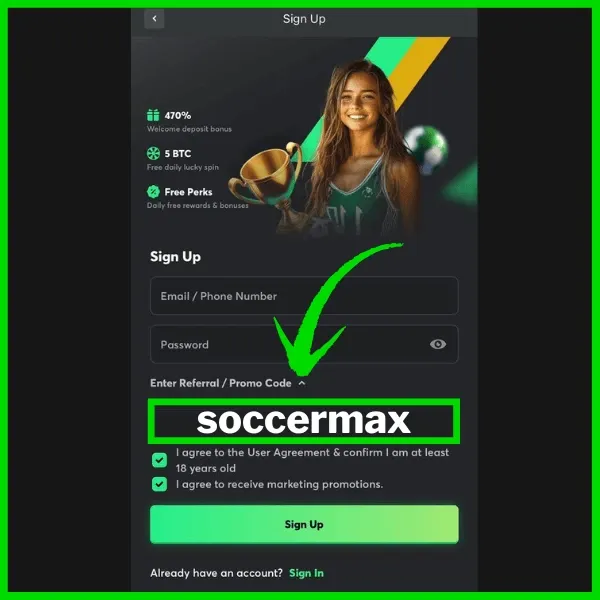 BC.GAME bonus code soccermax highlighted in the registration form with a green box and arrow.