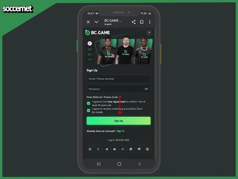BC game app sign up page