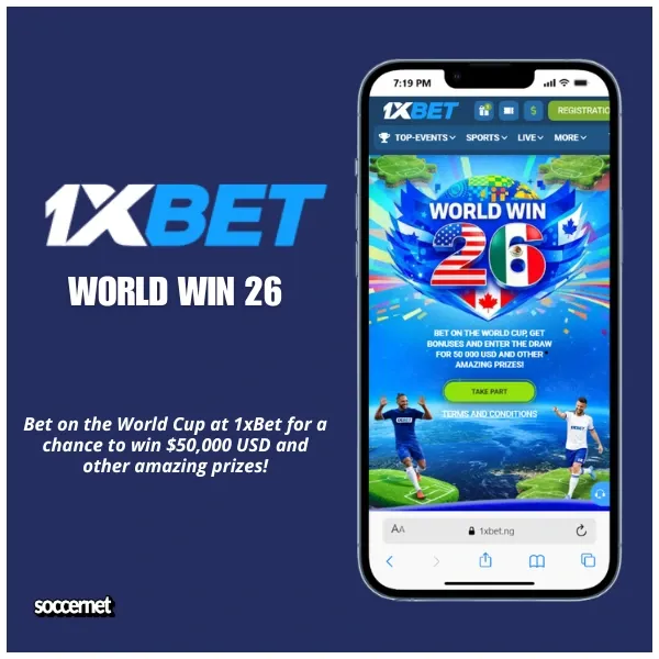 World Win 26 World Cup promo banner on 1xBet.