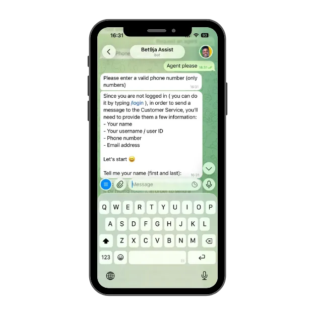 Bet9ja customer support on Telegram, chat with the bot asking login details.