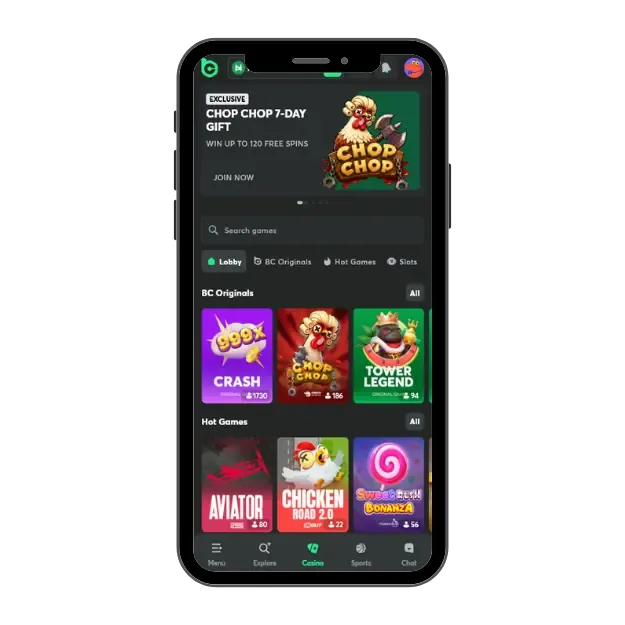 BC.GAME best online casino mobile homepage with BC Originals in front.