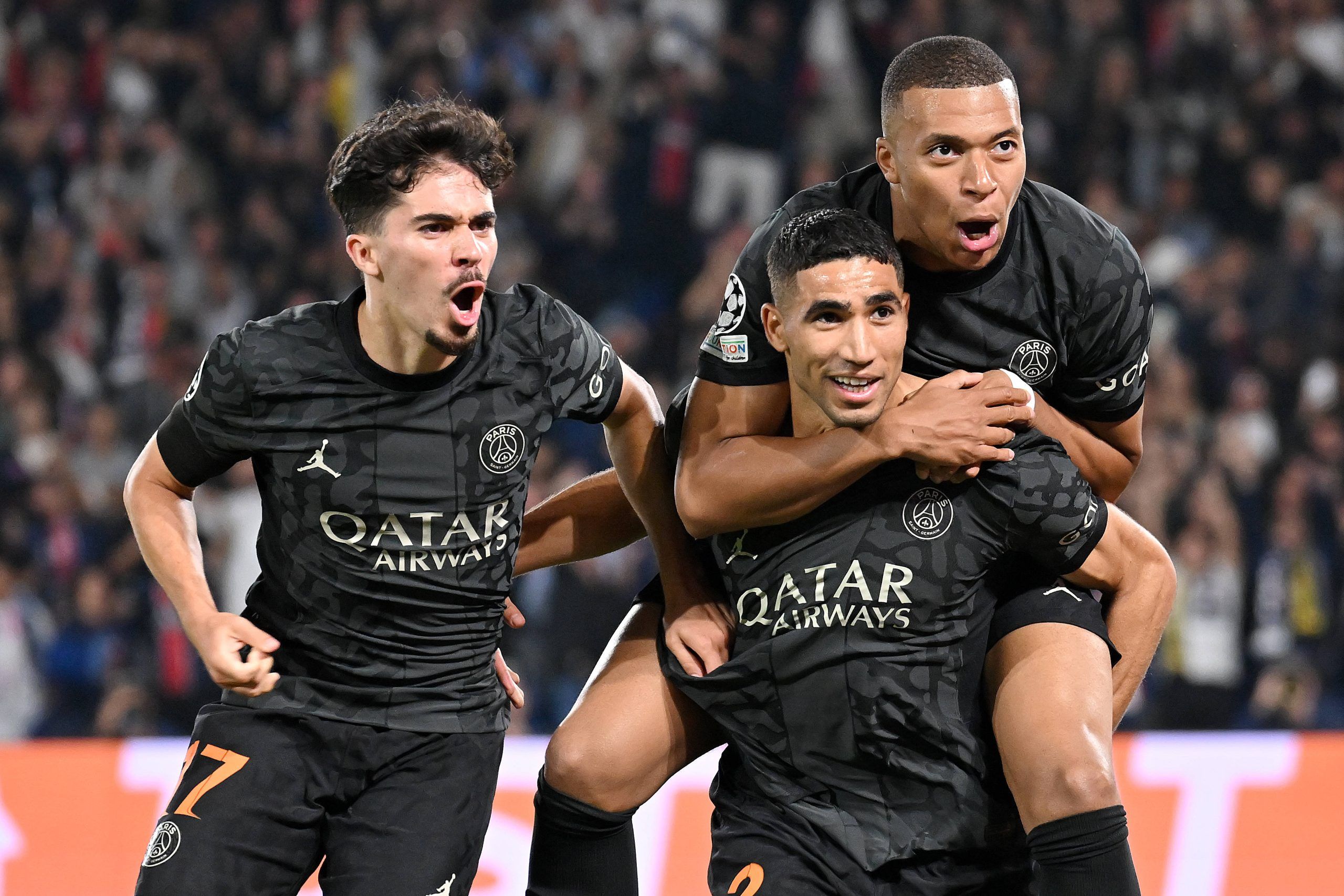 Achraf Hakimi Kylian Mbappe and Vitinha at PSG