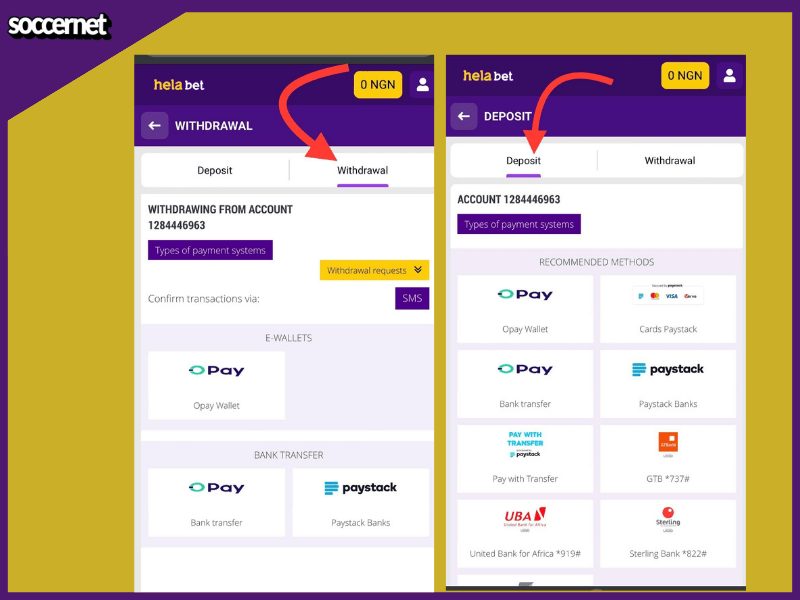 Withdrawal and deposit methods on helabet