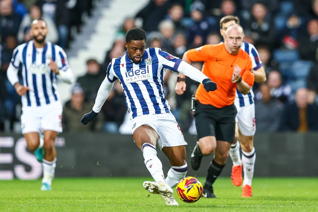 Josh Maja of WBA plays it forward during the Sky Bet Championship match between West Bromwich Albion and Preston North End at The Hawthorns in West Bromwich