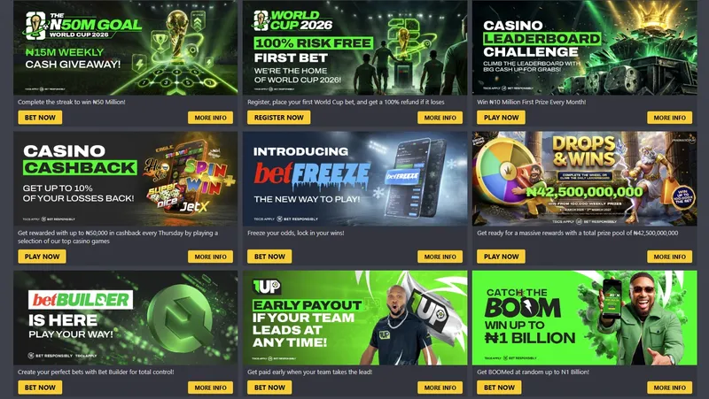 Bet9ja promotion page showing different sports and casino bonuses for bankroll management in betting.