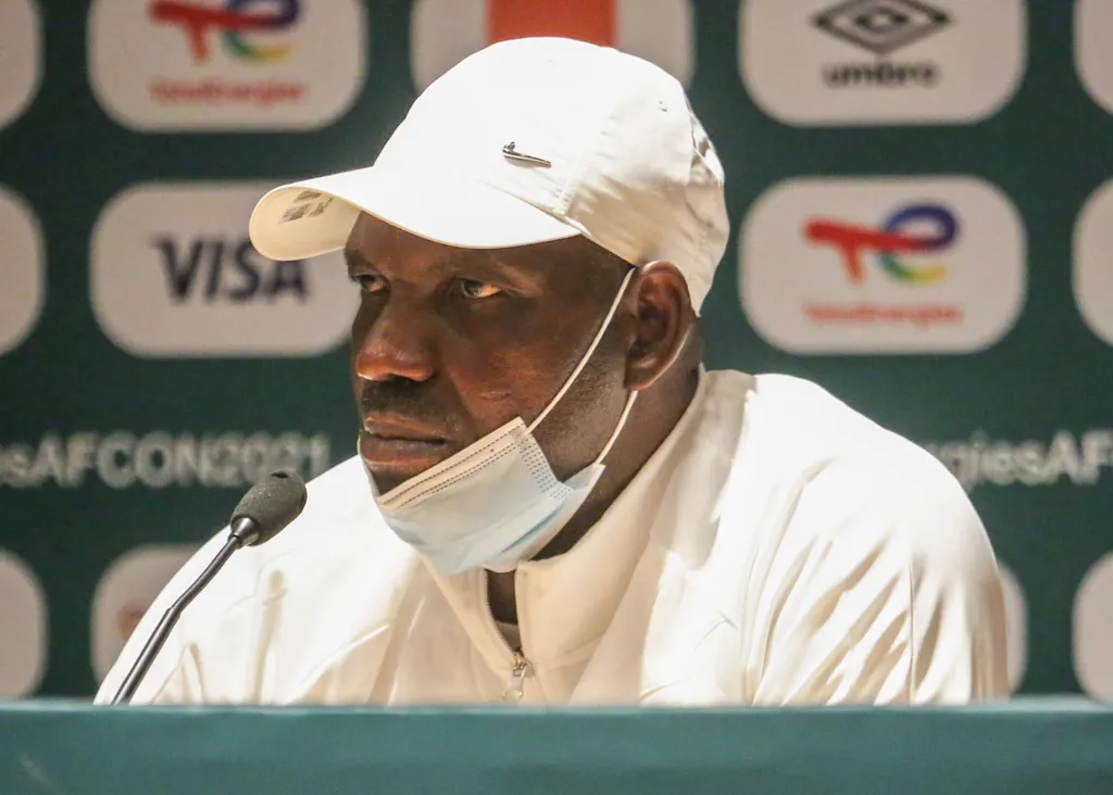 Coach Augustine Eguavoen of Nigeria during the Africa Cup of Nations post match virtual press conference