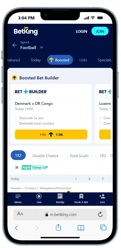 BetKing betting site boosted odds section.