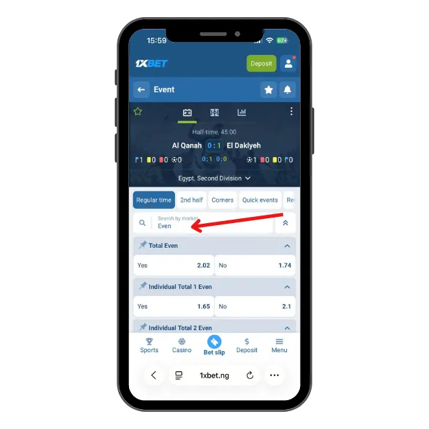 Odd and even in-play markets on 1xBet.