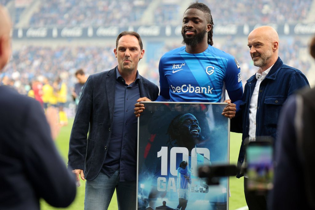 100 games for KRC GENK Tolu Arokodare with De Conde Dimitri, sports director of Luc Hooybergs, ceo of KRC Genk