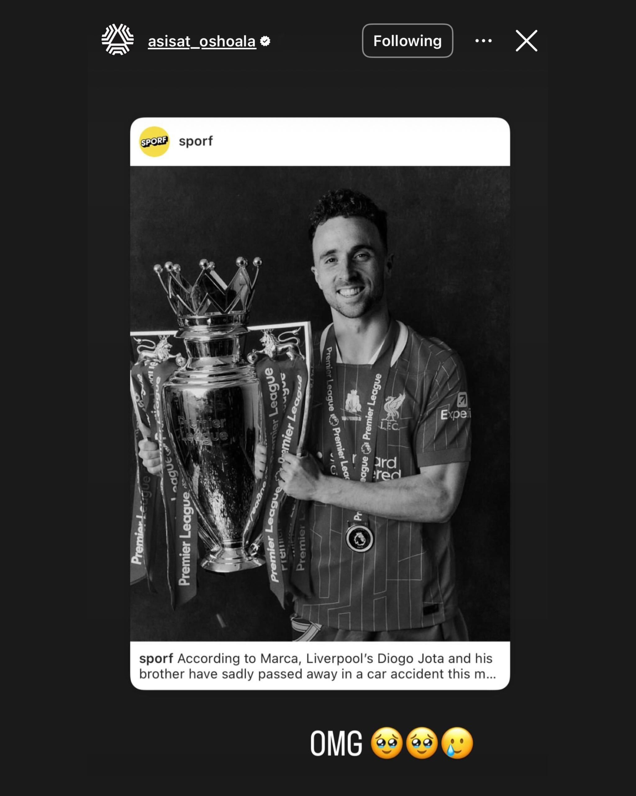 Asisat Oshoala reacts to Diogo Jota's death 