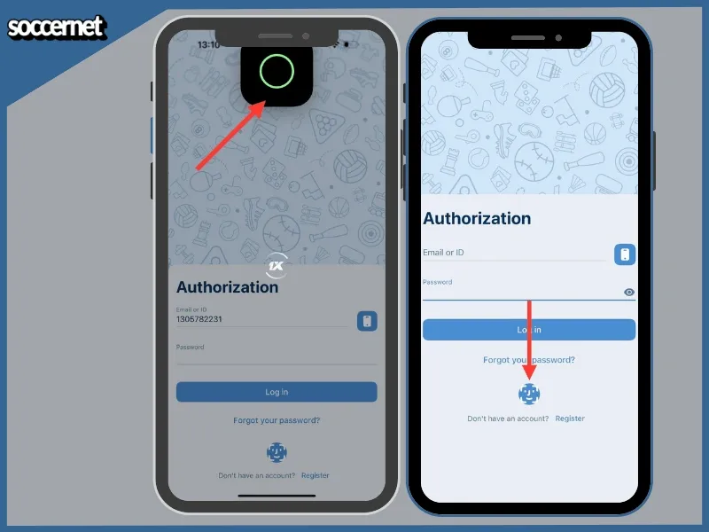 1xBet app login screen showing biometric authentication and authorization page with email, password, and log in button