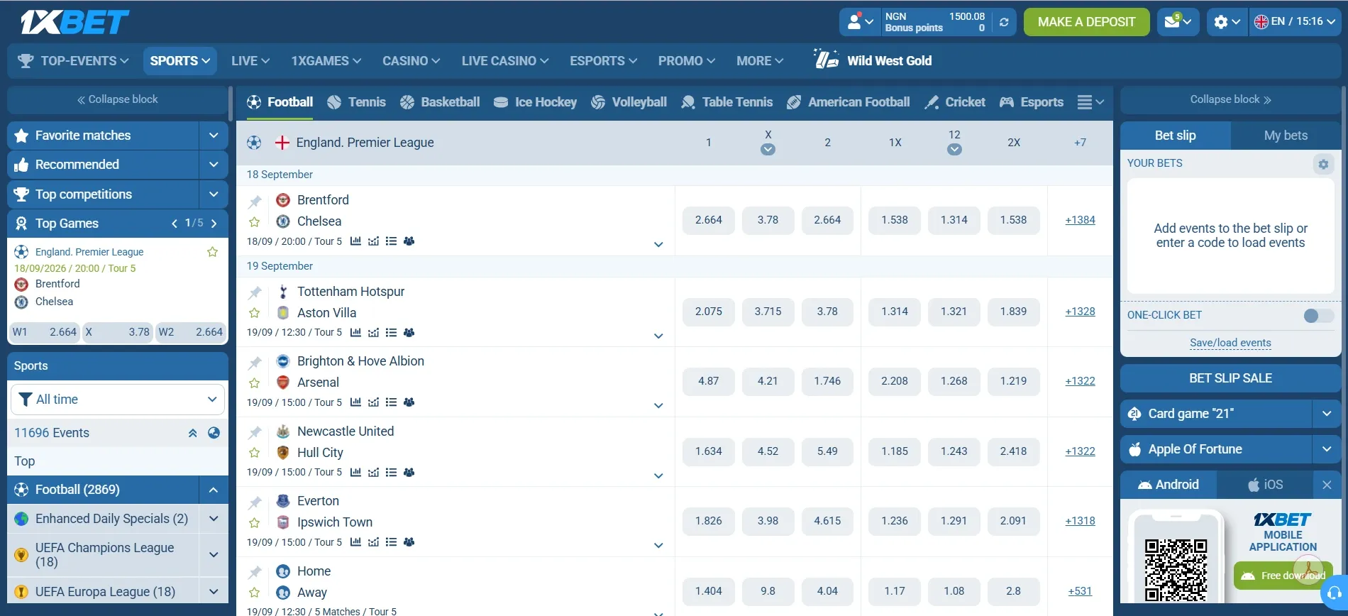 1xBet website showing upcoming football pre-match markets