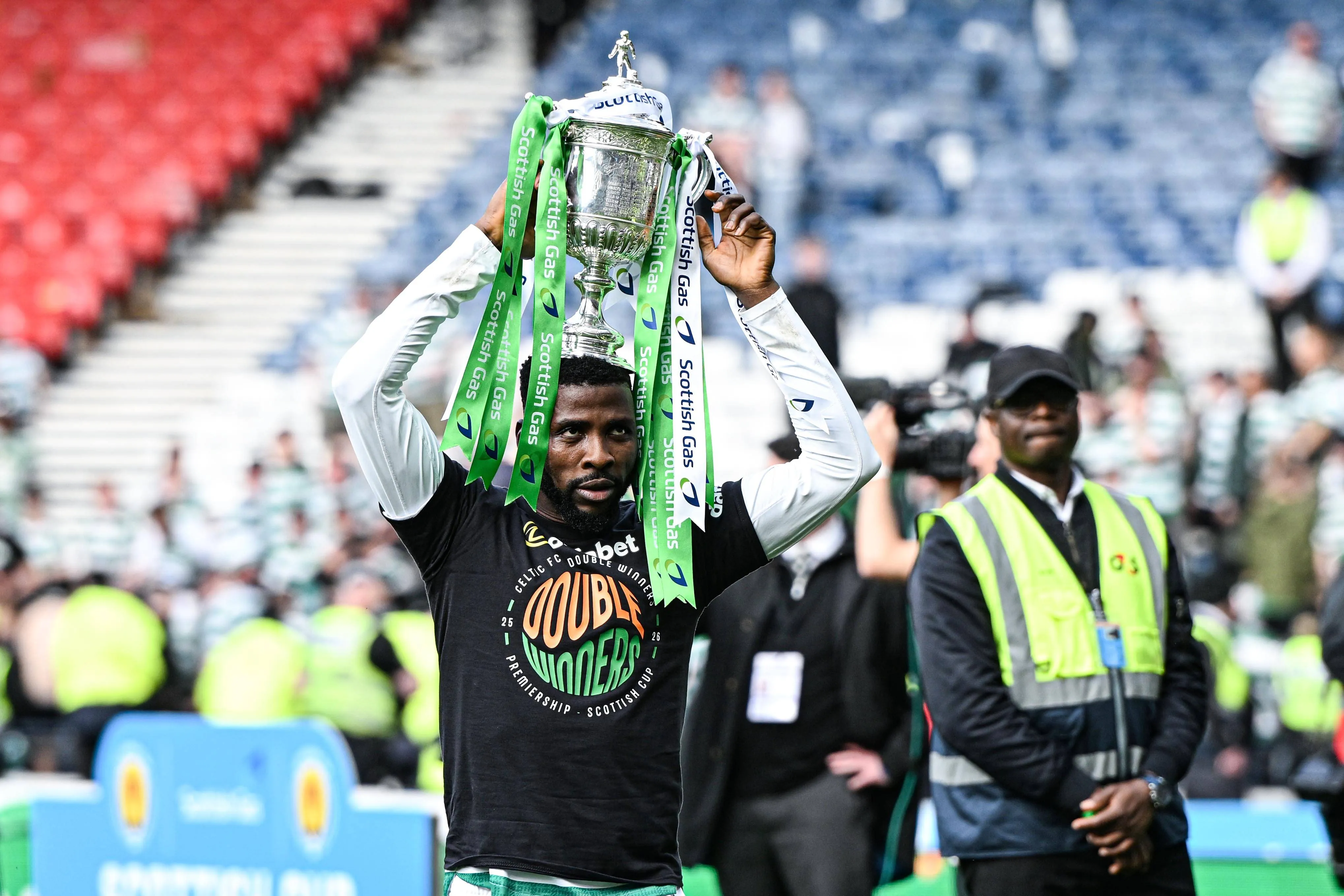 Kelechi Iheanacho of Celtic at full time with the Gas Men's Scottish Cup Trophy against Dunfermline Athletic at Barclays