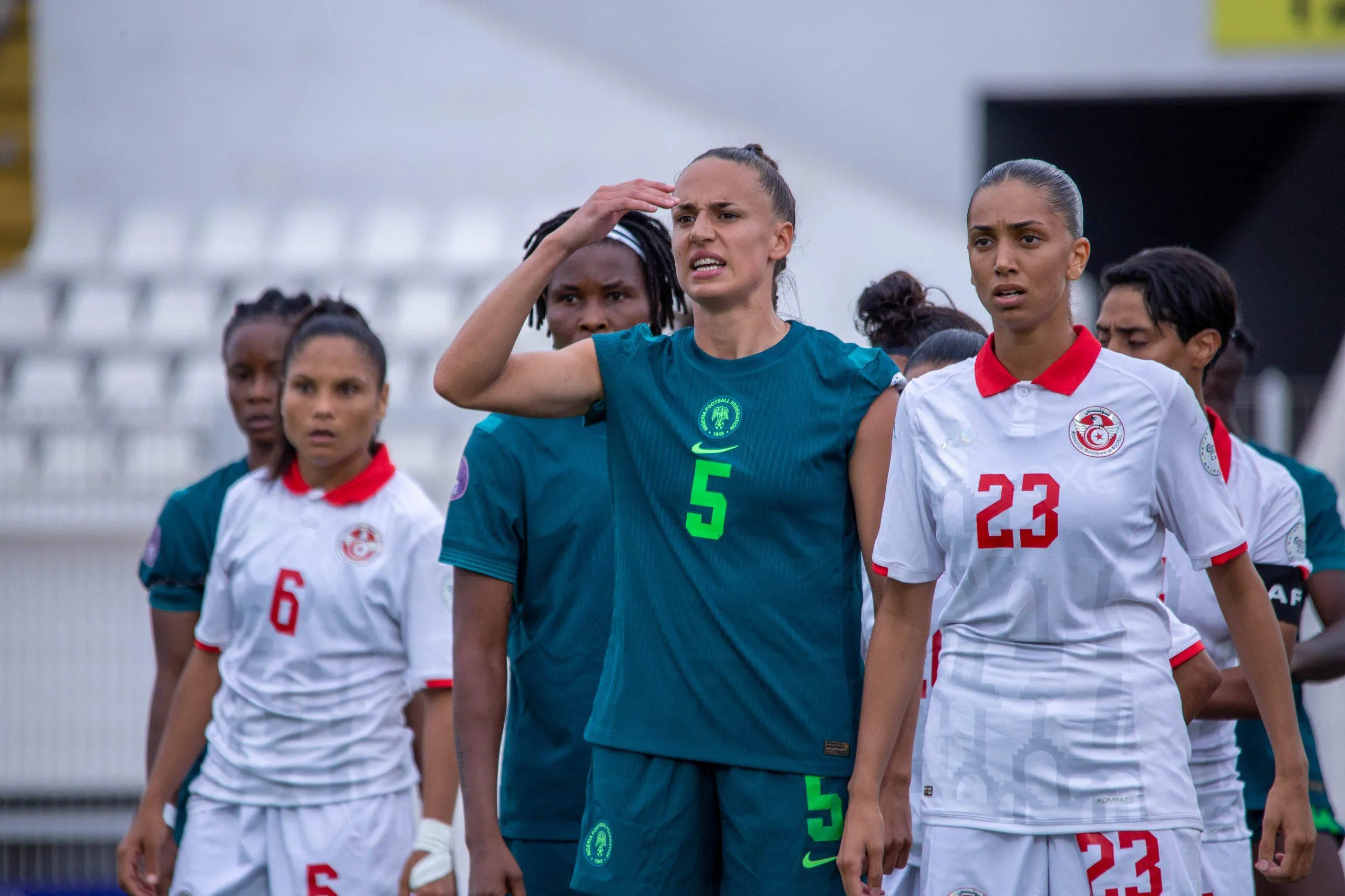 Plumptre Ashleigh Mergan, Rania Aouina and Myriam Bayahia during the 2024 Wafcon game between Nigeria and Tunisia at the Stade Larbi Zaouli
