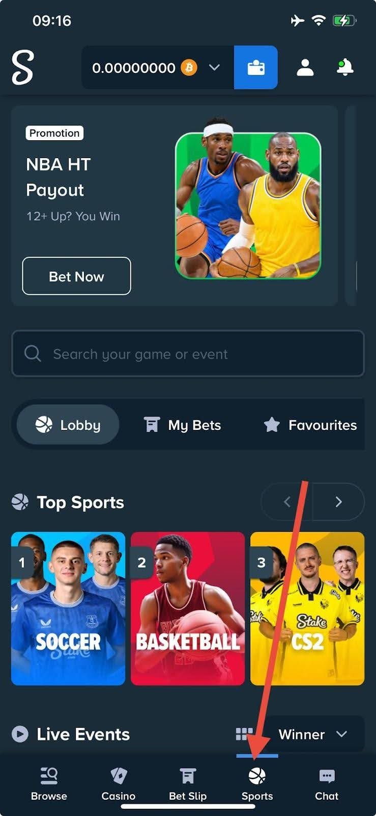 Schermata dell app Stake che mostra le scommesse sportive