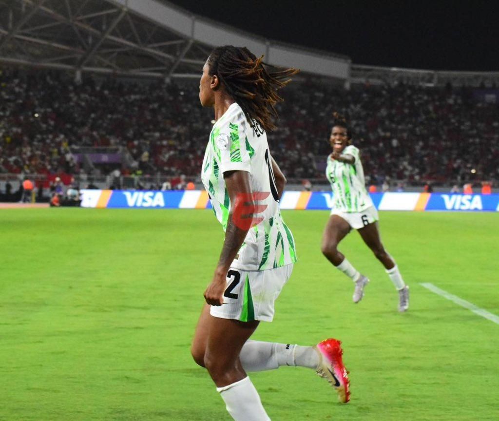 Jennifer Echegini and Esther Okoronkwo celebrate Super Falcons' winner against Morocco in the WAFCON 2024 final