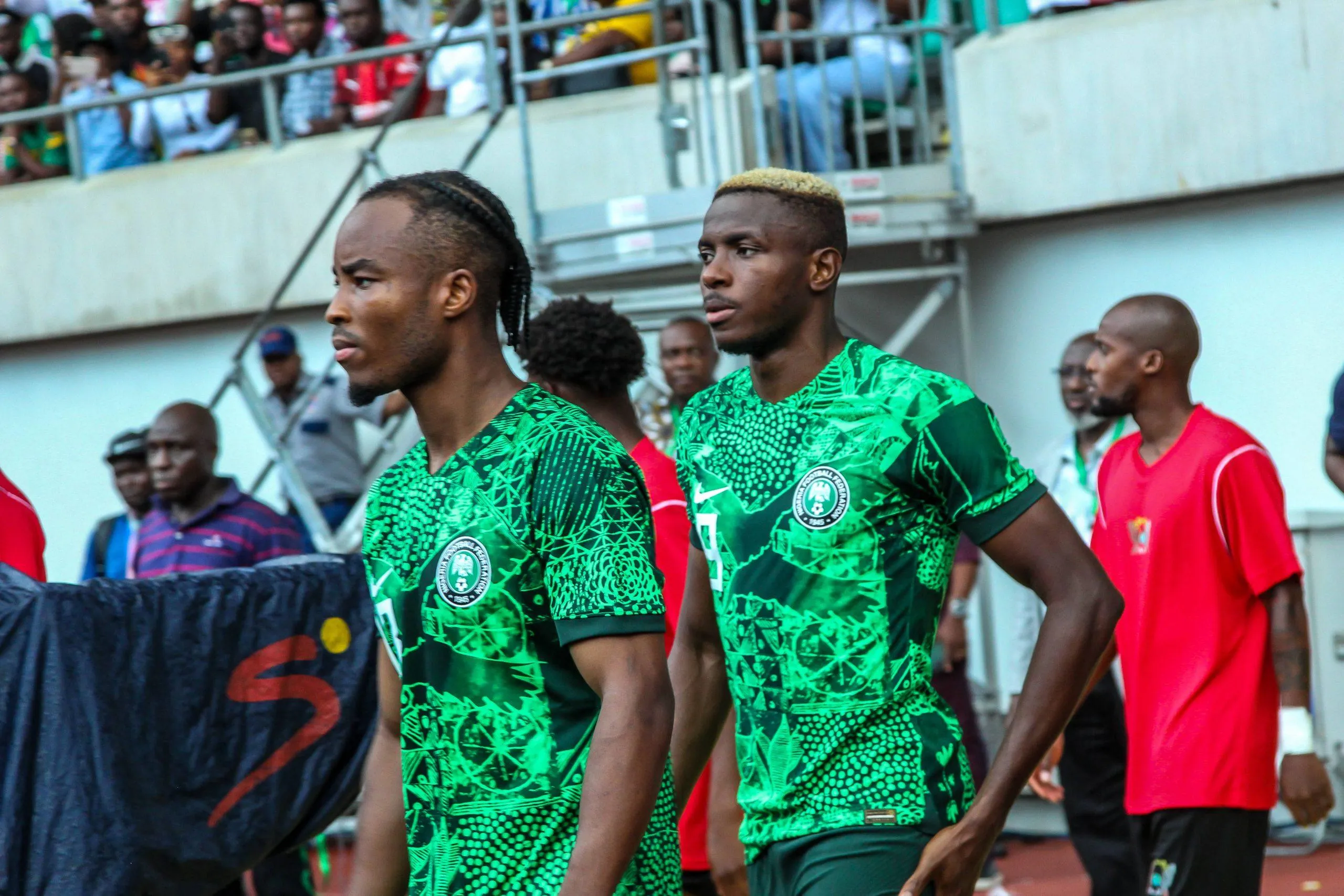 Nigeria Super Eagles defender Bruno Onyemaechi and striker Victor Osimhen