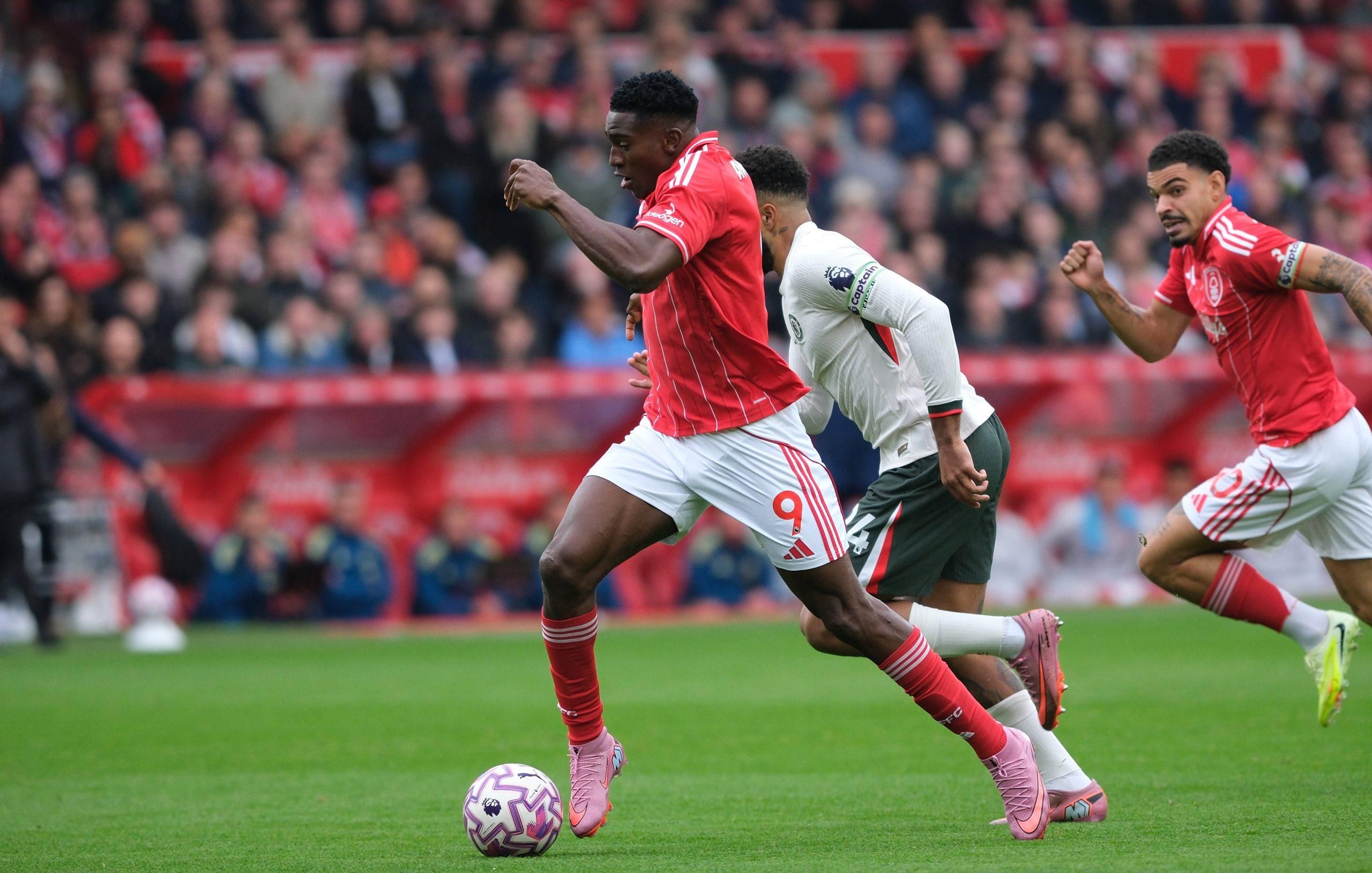 Taiwo Awoniyi seen in action during the Premier league football match between Nottingham Forest and Chelsea FC
