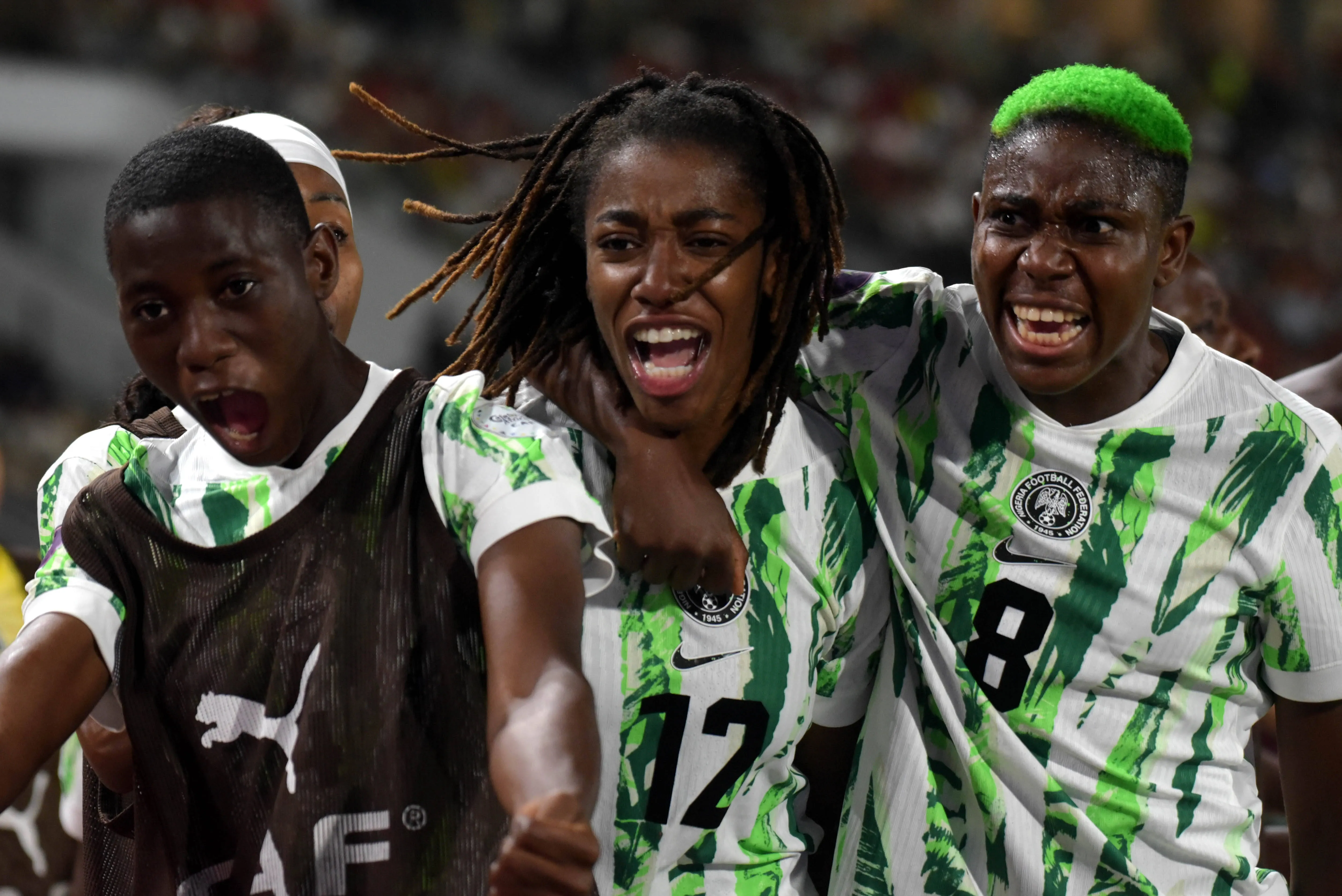 Asisat Oshoala and Onyi Echegini of Nigeria during the 2025 WAFCON Finals match between Morocco and Nigeria