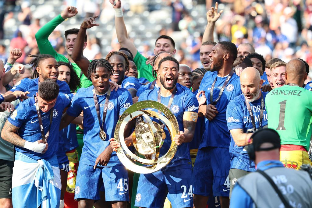Chelsea players lifting the Club World Cup trophy in July 2025