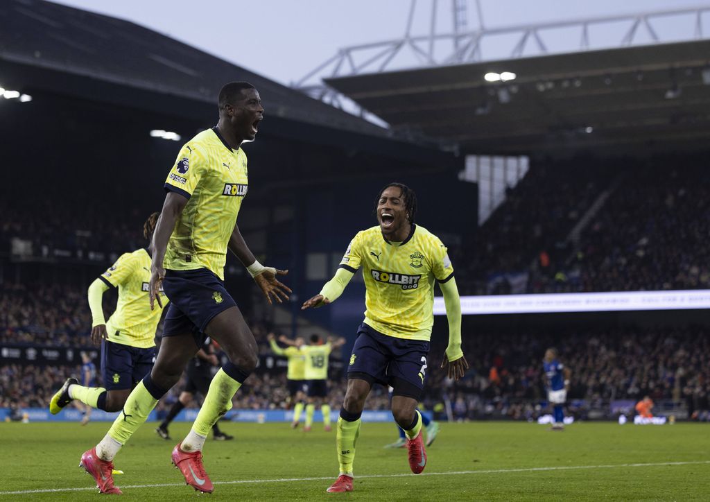  Paul Onuachu of Southampton celebrates after scoring his sides second goal during the Premier League match between Ipswich Town and Southampton at Portman Road, Ipswich