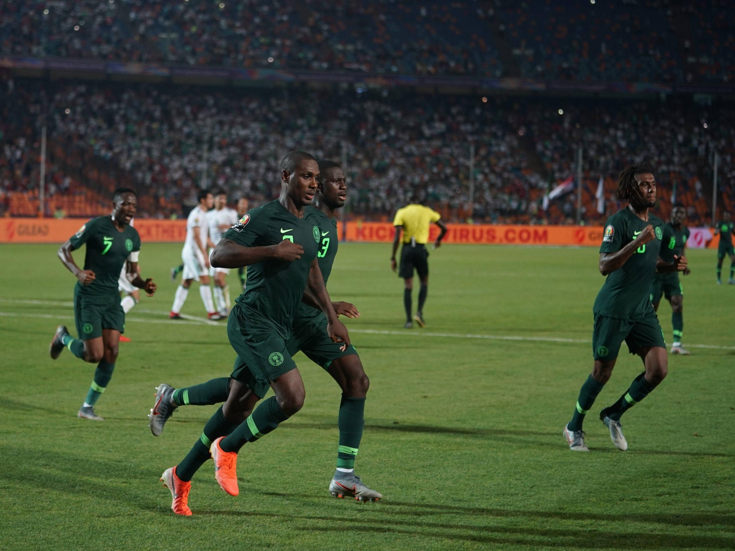 Super Eagles celebrate after Odion Ighalo scored for Nigeria against Algeria: AFCON 2019