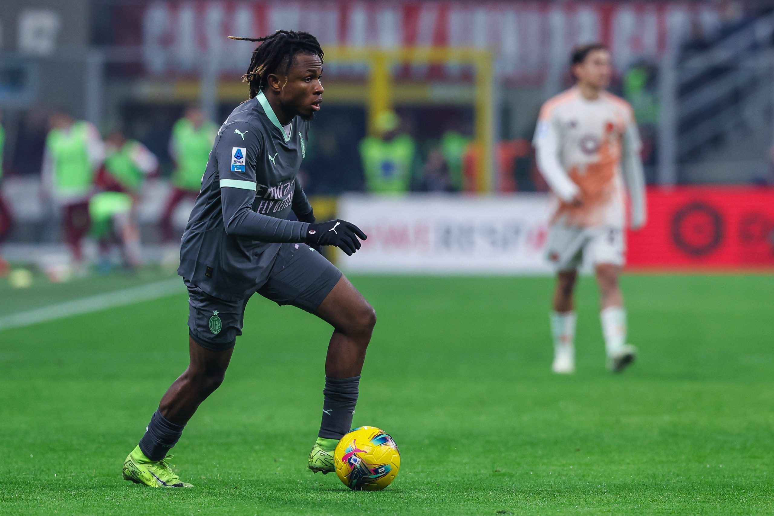 Samuel Chukwueze of AC Milan seen in action during Serie A 2024/25 football match between AC Milan and AS Roma at San Siro Stadium