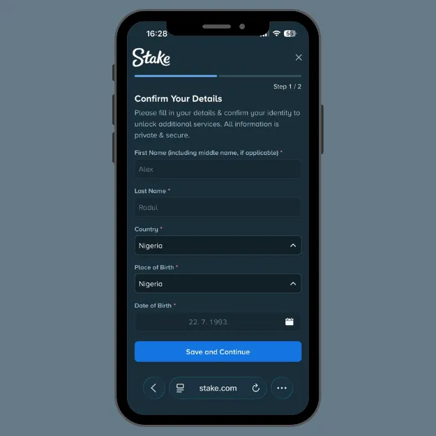 Stake verification page showing fields for first name, last name, place of birth, and date of birth.