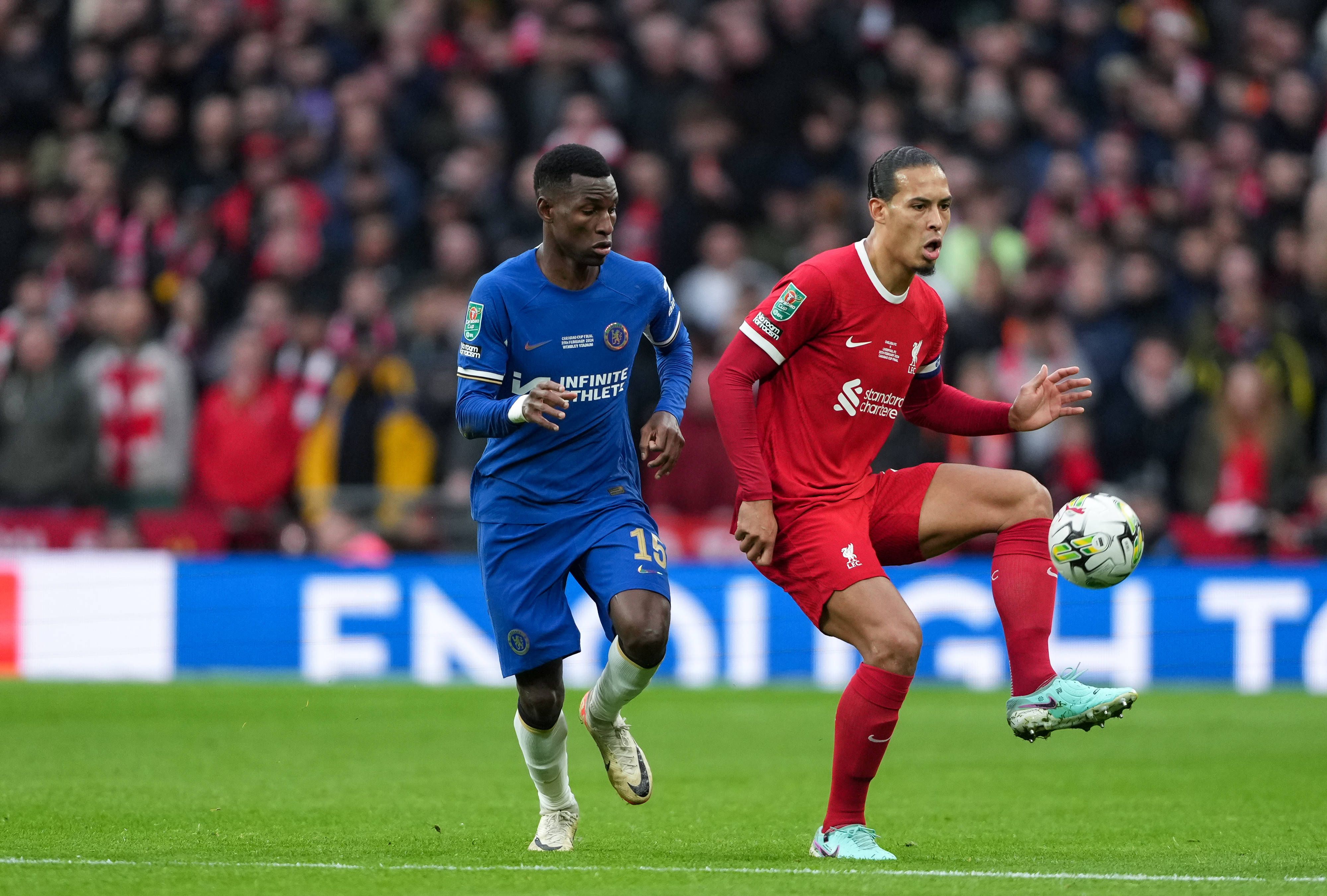 Virgil van Dijk and Nicolas Jackson during the Carabao Cup final match between Chelsea and Liverpool at Stamford Bridge